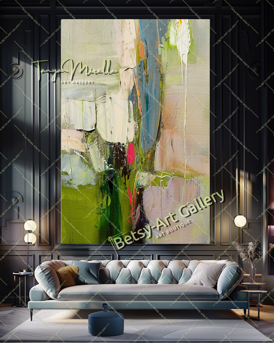 Green Beige Abstract Painting – Large Modern Wall Art #147
