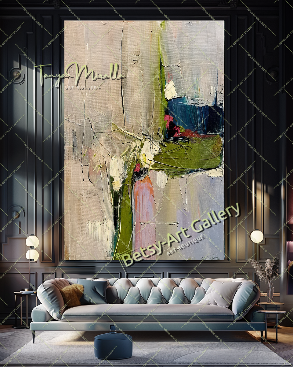 Green Beige Abstract Painting – Large Modern Wall Art #147