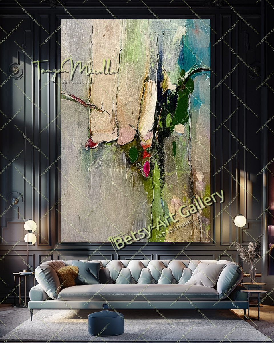 Green Beige Abstract Painting – Large Modern Wall Art #147