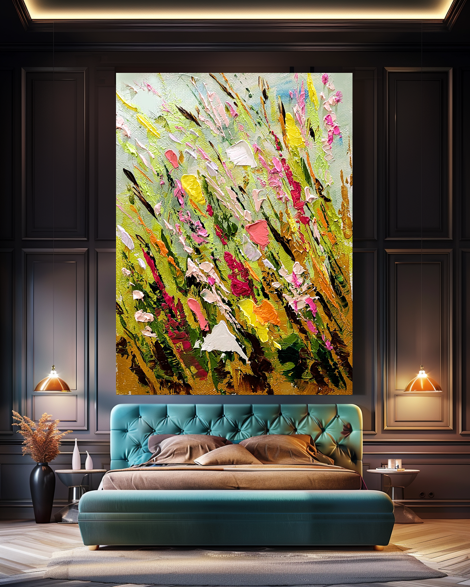 Large Modern Abstract Art for Living room, Spring Meadow, Vibrant Abstract Impasto Oil Painting, Handmade Art for sale