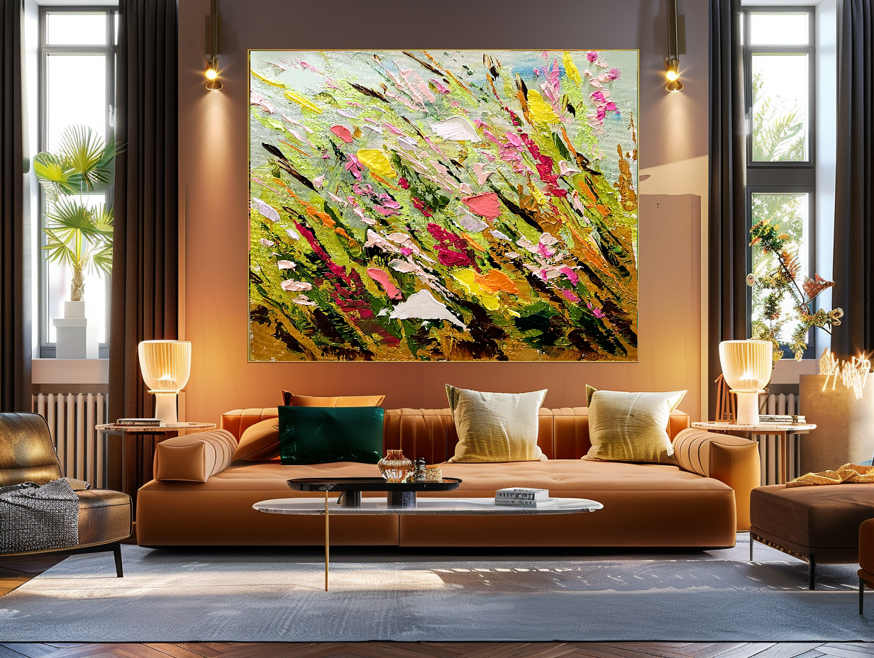 Large Modern Abstract Art for Living room, Spring Meadow, Vibrant Abstract Impasto Oil Painting, Handmade Art for sale