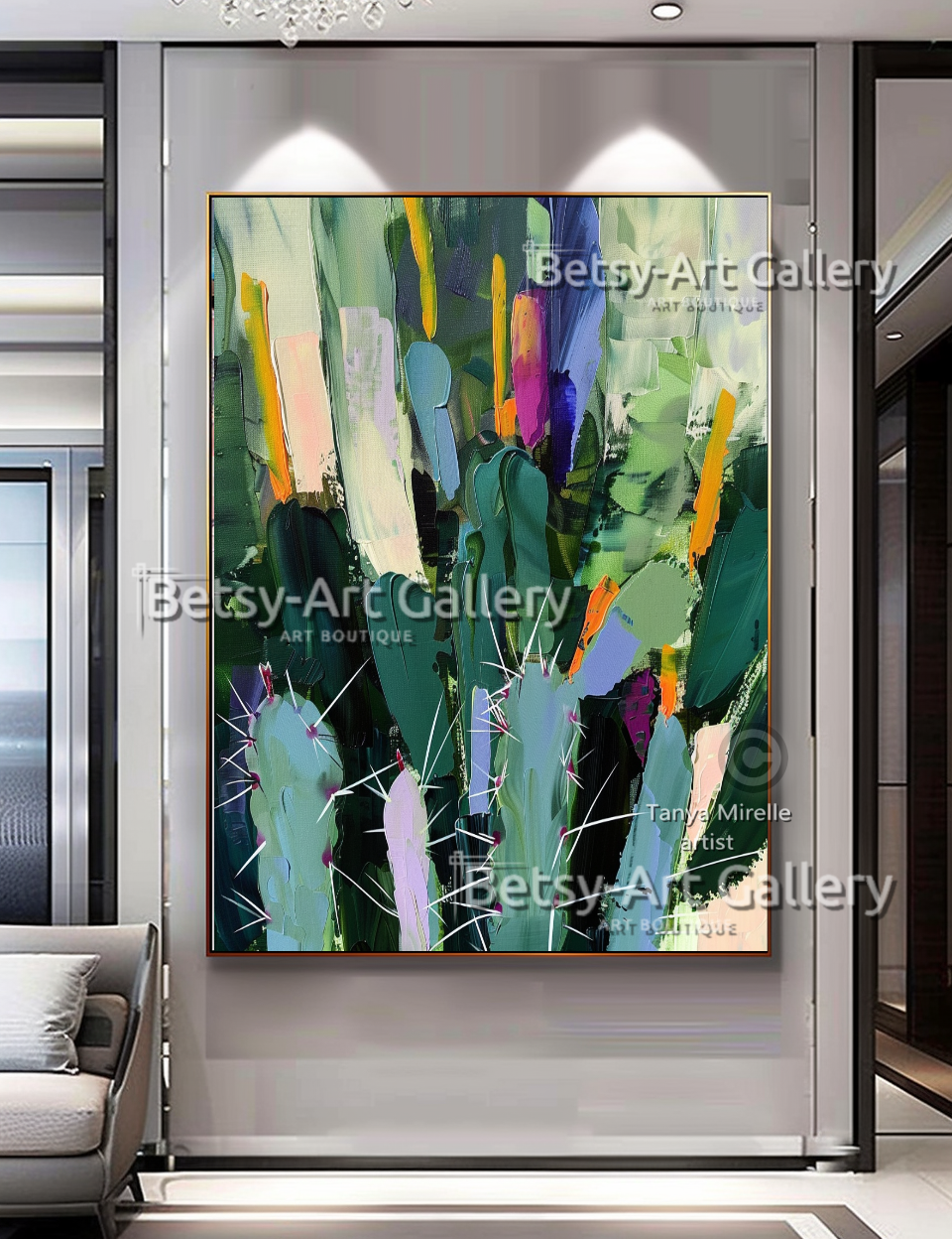 Abstract Cactus Arizona Landscape Painting - Textured Impasto Wall Art #70