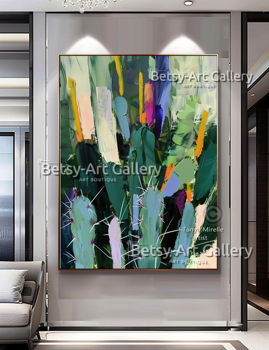 Abstract Cactus Arizona Landscape Painting - Textured Impasto Wall Art #70