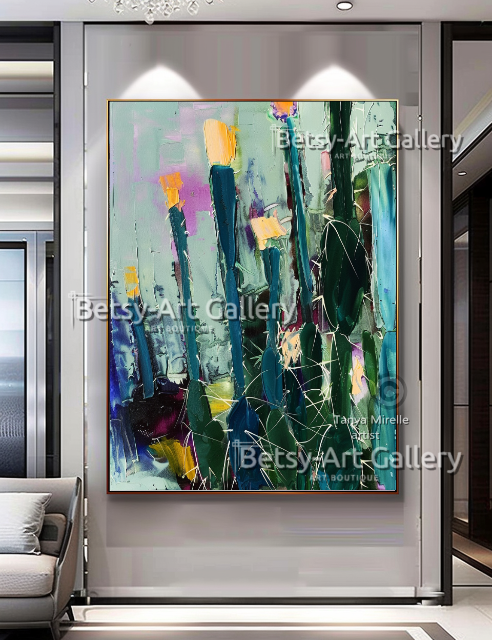 Abstract Cactus Arizona Landscape Painting - Textured Impasto Wall Art #70