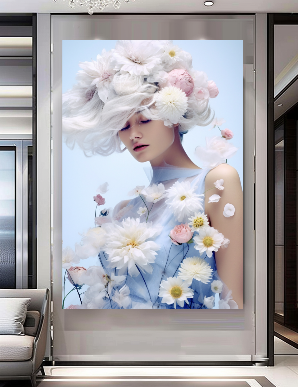 Blue Fashion Blooming Floral Woman Art - Romantic Print on Canvas - Elegant Home Decor