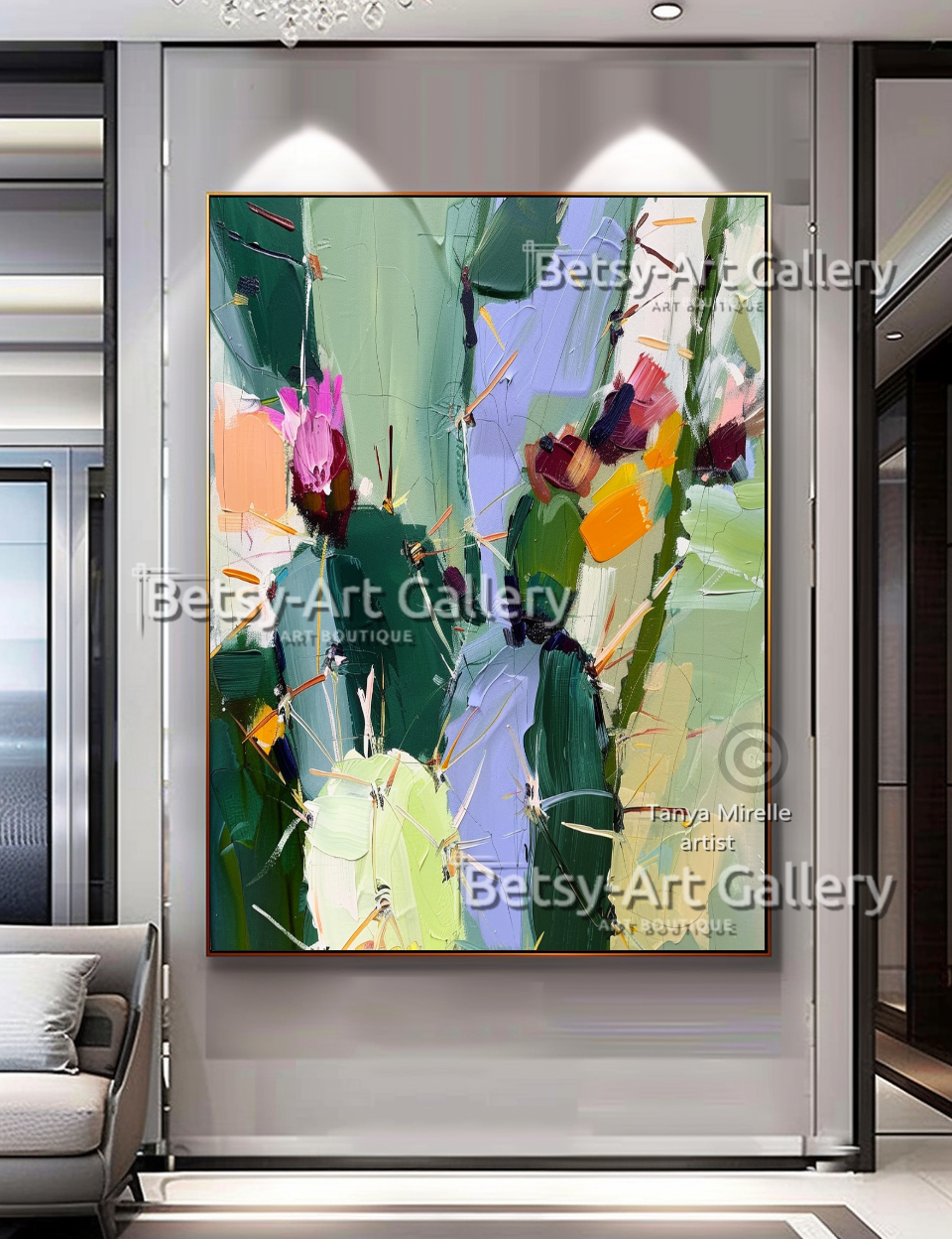 Abstract Cactus Arizona Landscape Painting - Textured Impasto Wall Art #73