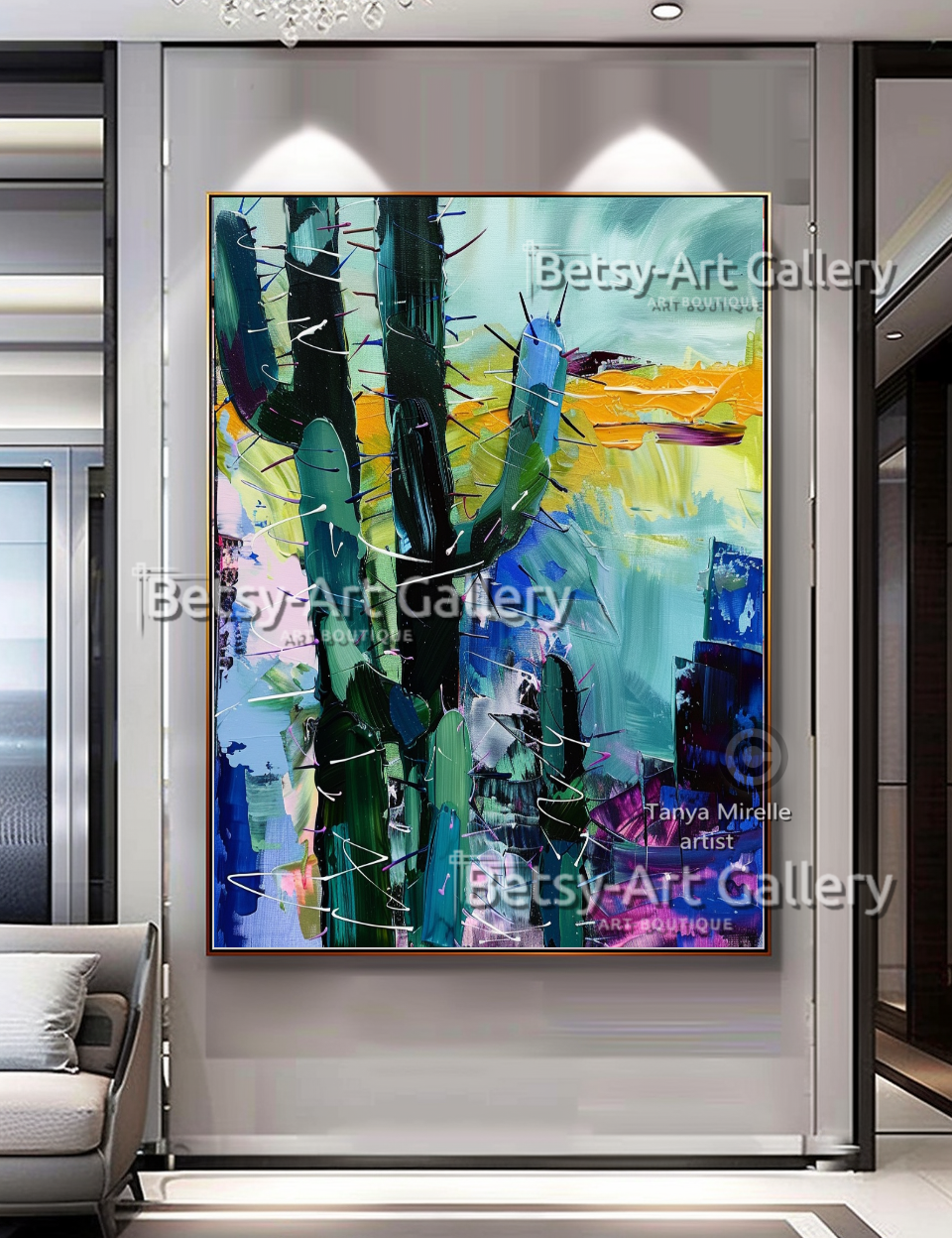 Abstract Cactus Arizona Landscape Painting - Textured Impasto Wall Art #73