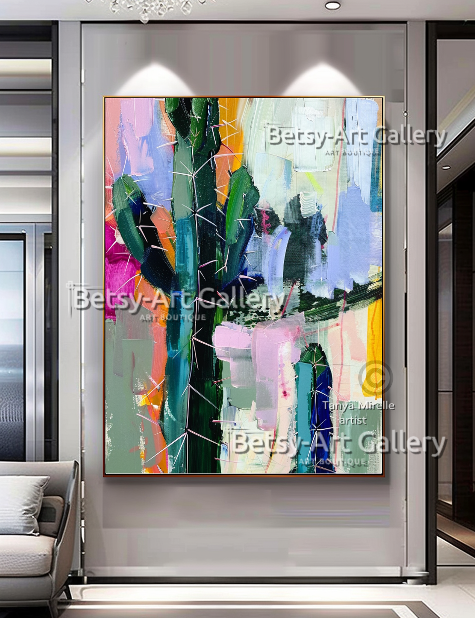 Abstract Cactus Arizona Landscape Painting - Textured Impasto Wall Art #73