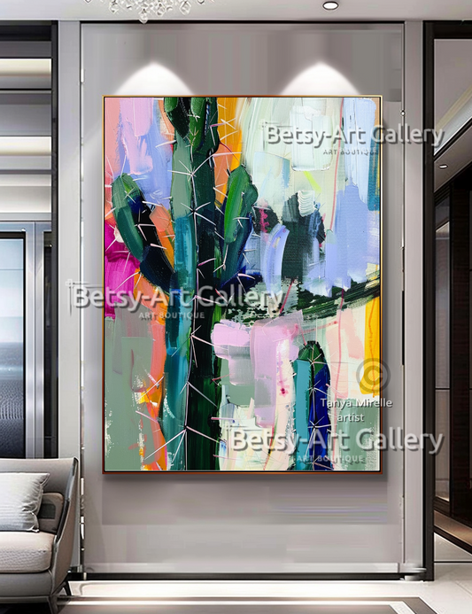 Abstract Cactus Arizona Landscape Painting - Textured Impasto Wall Art #72