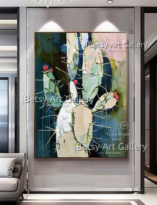 Vibrant Abstract Cactus – Modern Textured Impasto Wall Art #76
