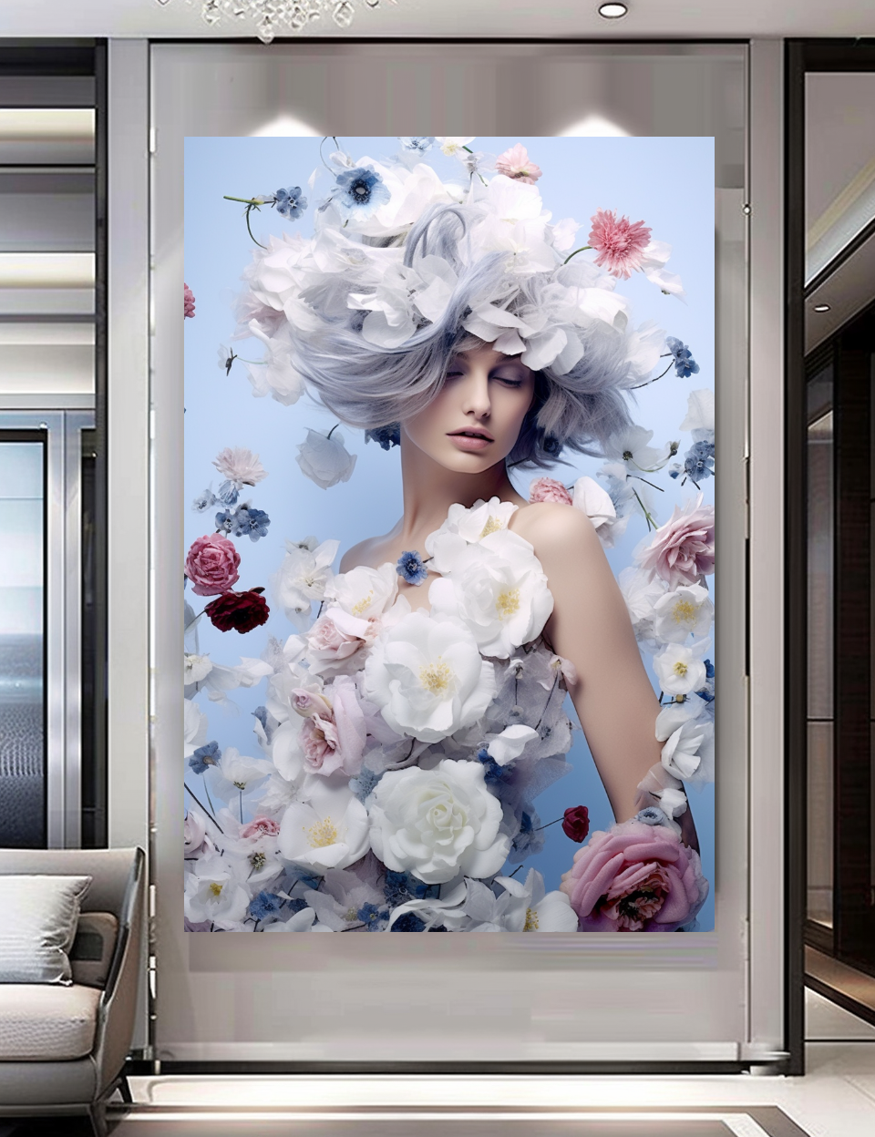 Blue Modern Grace - Floral Woman Canvas Art - Romantic Print on Canvas - Elegant Home Decor