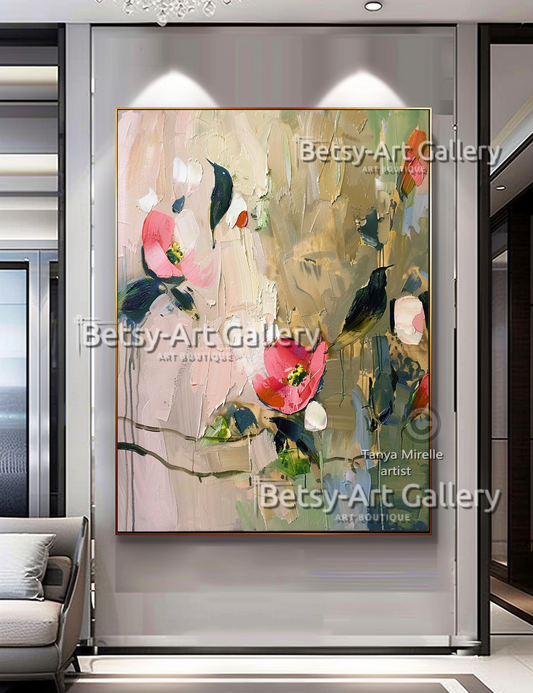 Pastel Floral Abstract Painting - Textured Impasto Wall Art #83