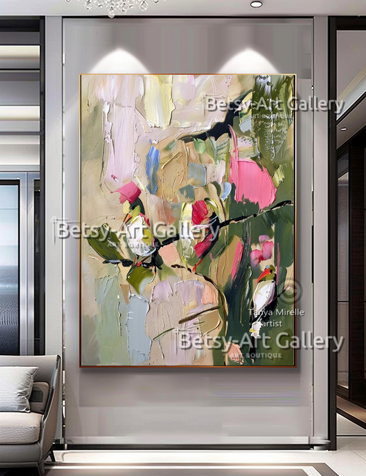 Pastel Floral Abstract Painting - Textured Impasto Wall Art #84