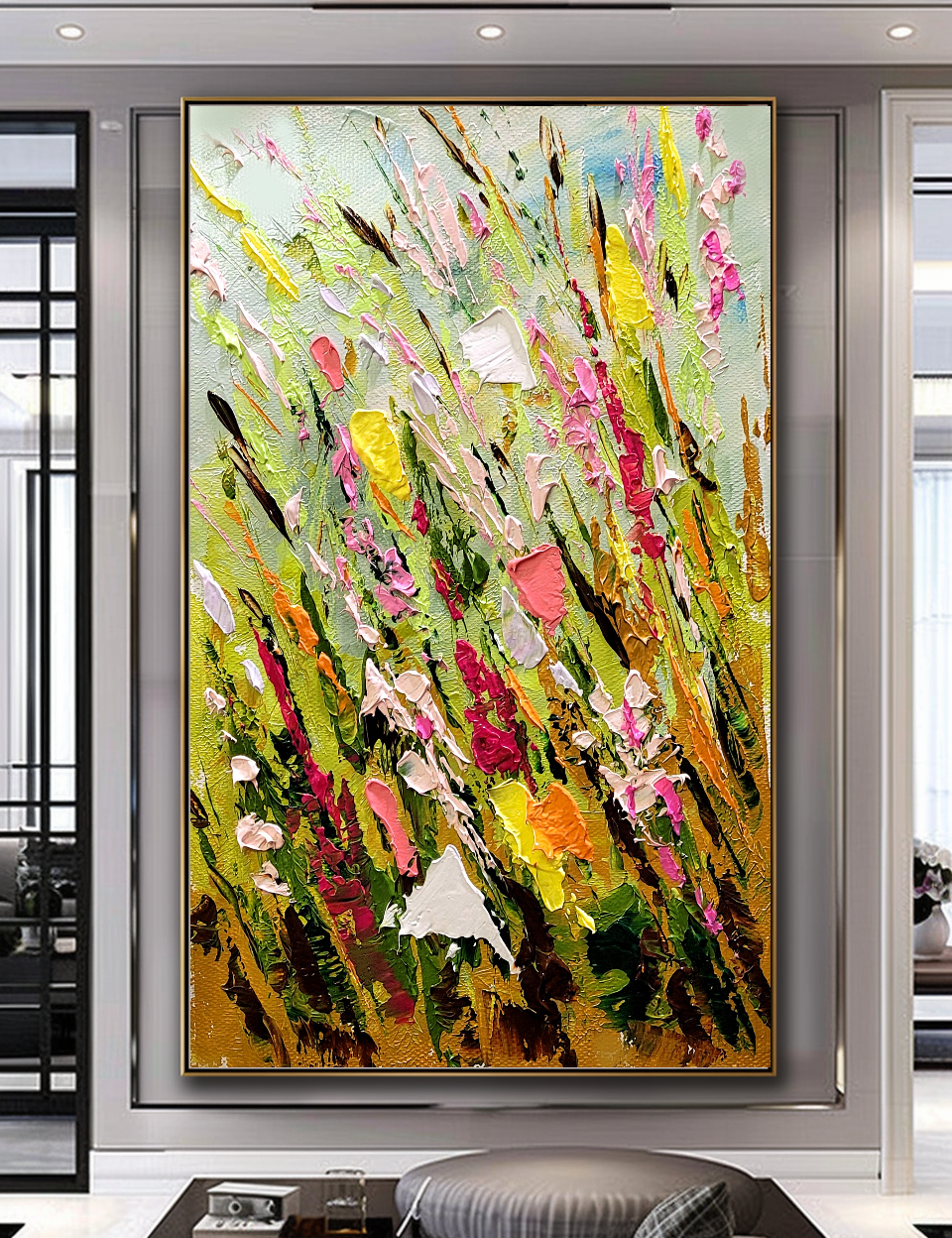 Large Modern Abstract Art for Living room, Spring Meadow, Vibrant Abstract Impasto Oil Painting, Handmade Art for sale