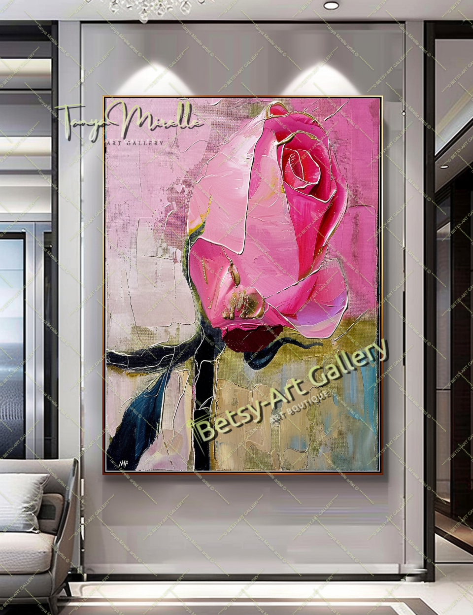 Pink Rosa Abstract Painting – Modern Floral Wall Art #153