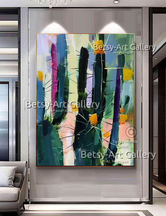 Abstract Cactus Arizona Landscape Painting - Textured Impasto Wall Art #71