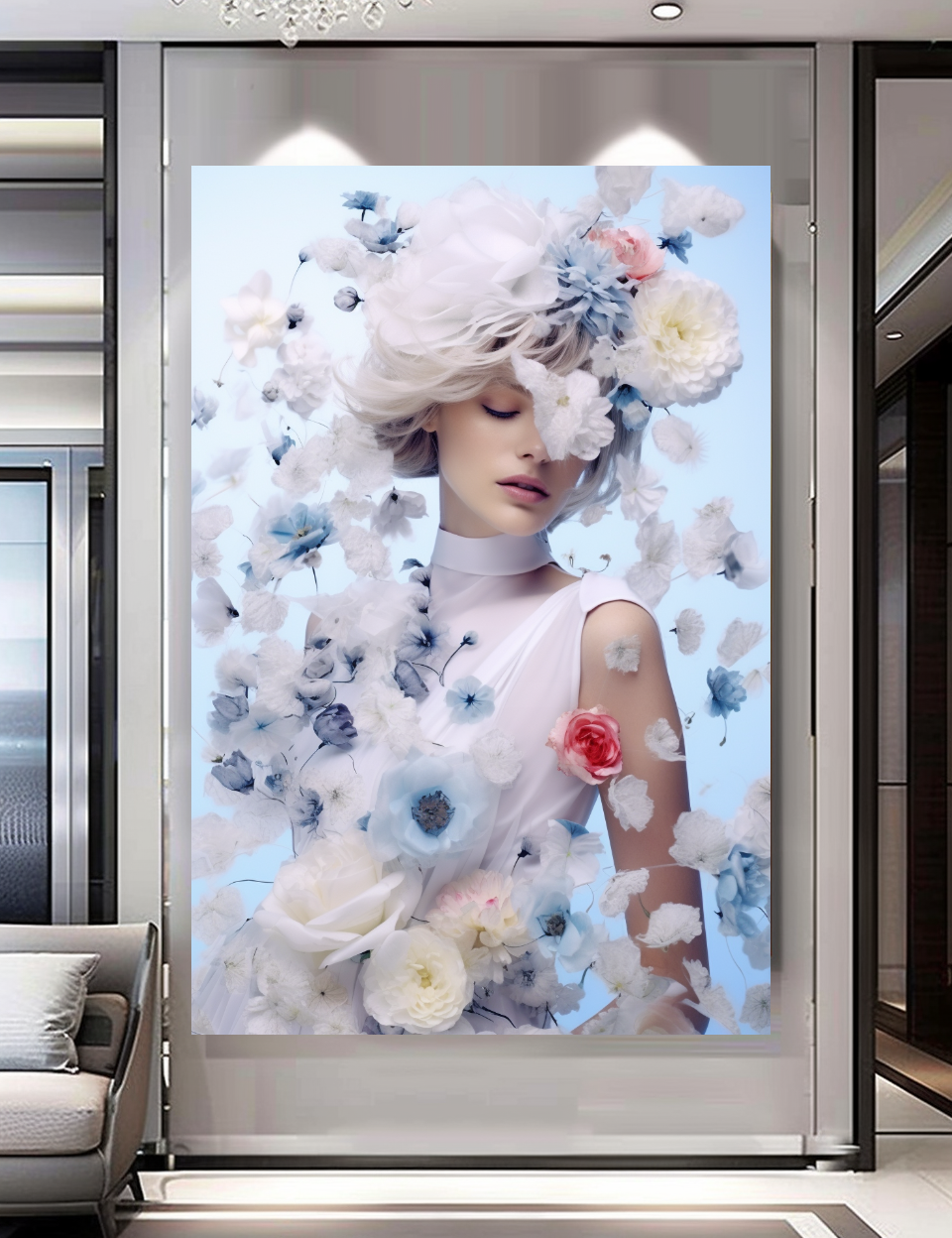 Blue Modern Grace - Floral Woman Canvas Art - Romantic Print on Canvas - Elegant Home Decor