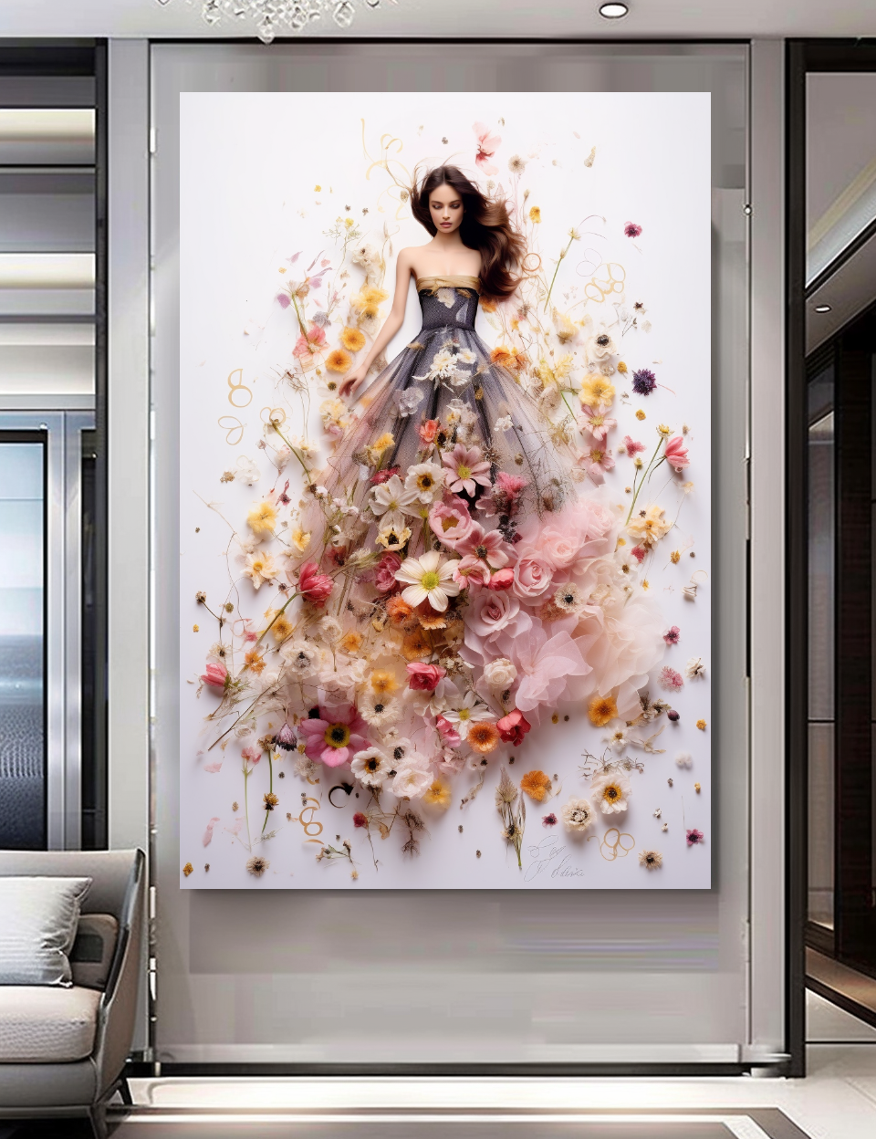 Elegant Perfume Floral Woman Art - Blooming Flowers Dress - Chic Home Decor