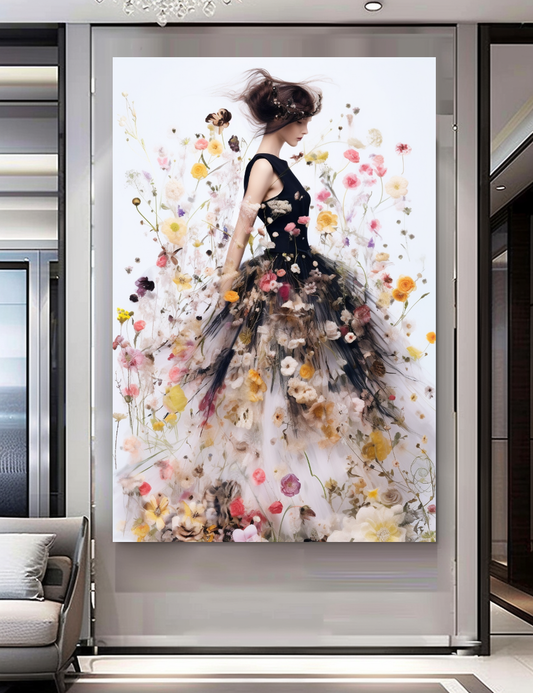 Elegant Perfume Floral Woman Art - Blooming Flowers Dress - Chic Home Decor