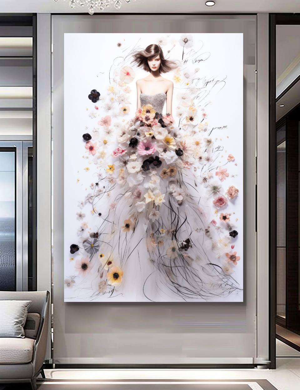 Elegant Perfume Floral Woman Art - Blooming Flowers Dress - Chic Home Decor