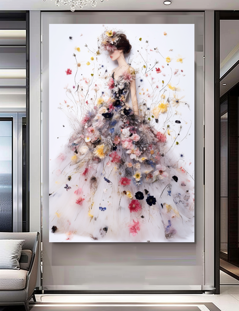 Elegant Perfume Floral Woman Art - Blooming Flowers Dress - Chic Home Decor