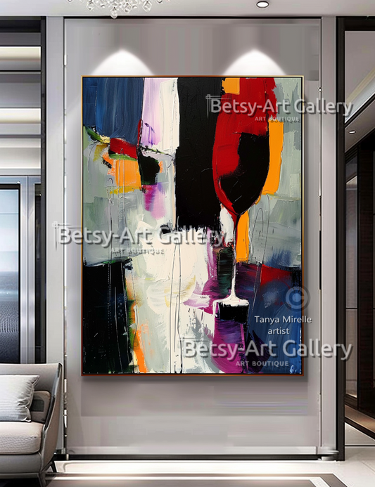 Crimson Pour – Abstract Wine Glass Composition - Textured Impasto Painting #97