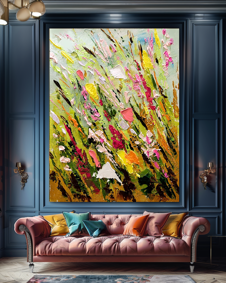 Large Modern Abstract Art for Living room, Spring Meadow, Vibrant Abstract Impasto Oil Painting, Handmade Art for sale