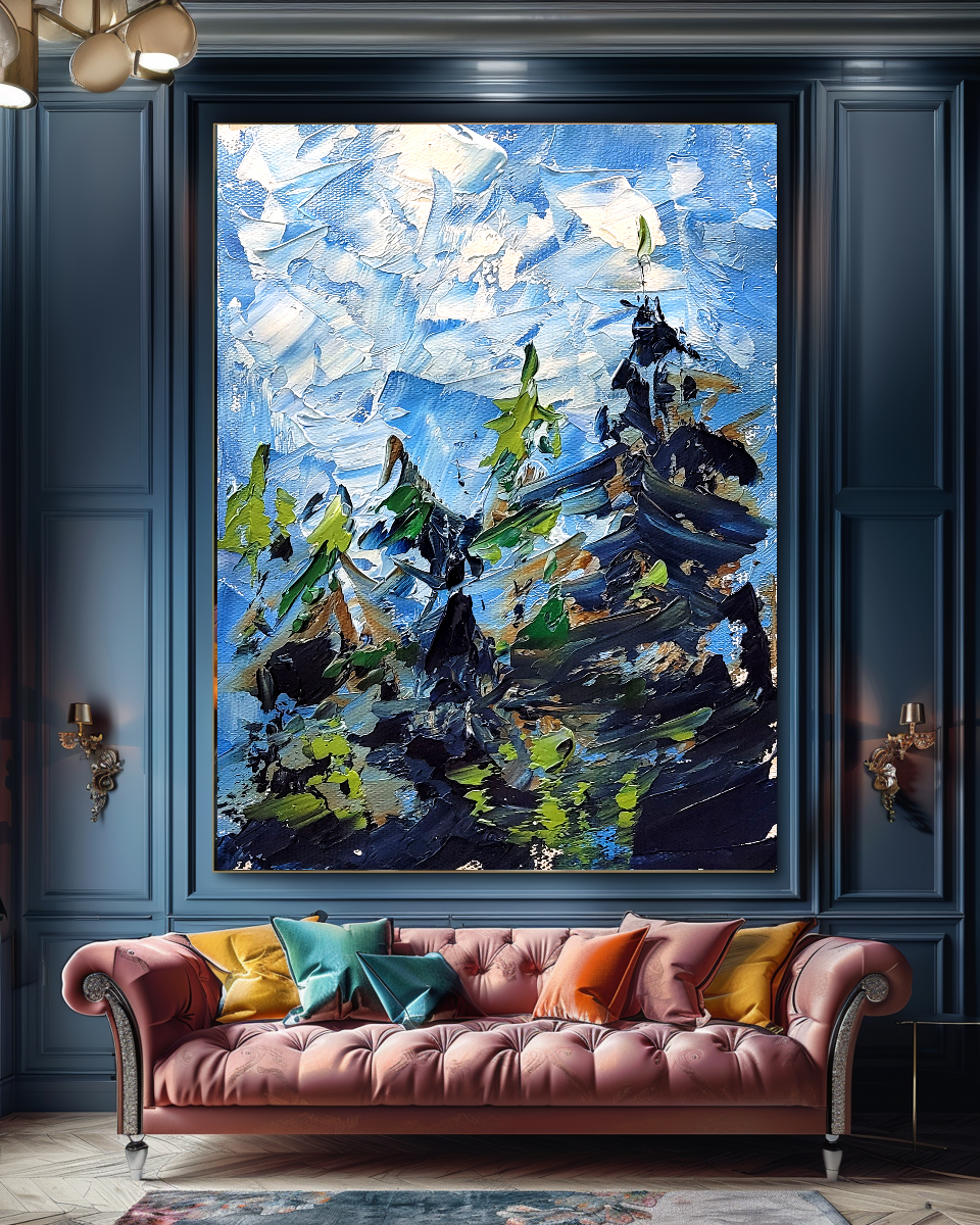 Modern Abstract Wall Art for living room, Blue Landscape Art, Impasto Oil Painting on Canvas