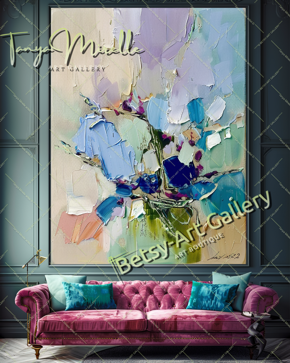 Contemporary Oil Painting, Blue Floral Abstract Art #199