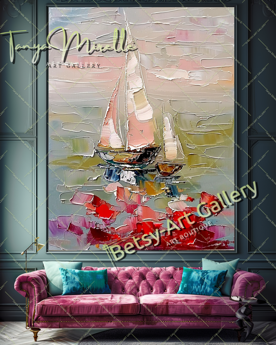 Abstract Sailboat Impasto Oil Painting on Canvas #172