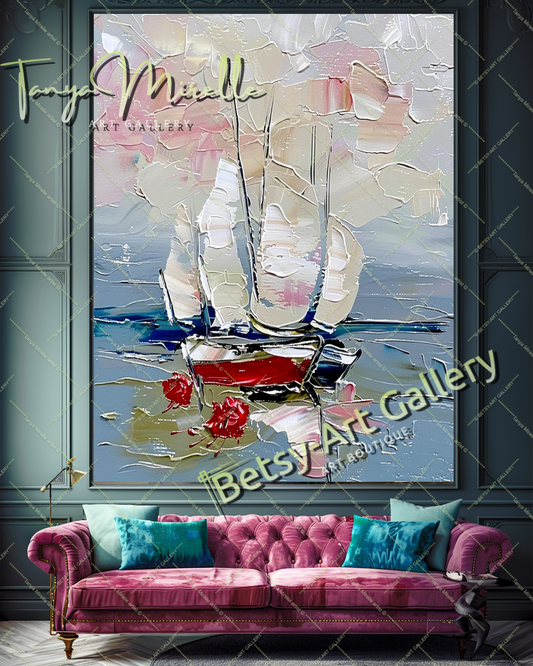 Abstract Sailboat Impasto Oil Painting on Canvas #172