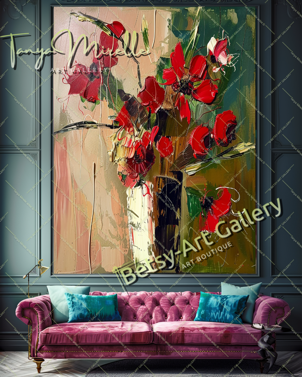 Red Abstract Floral Oil Painting on Canvas #187