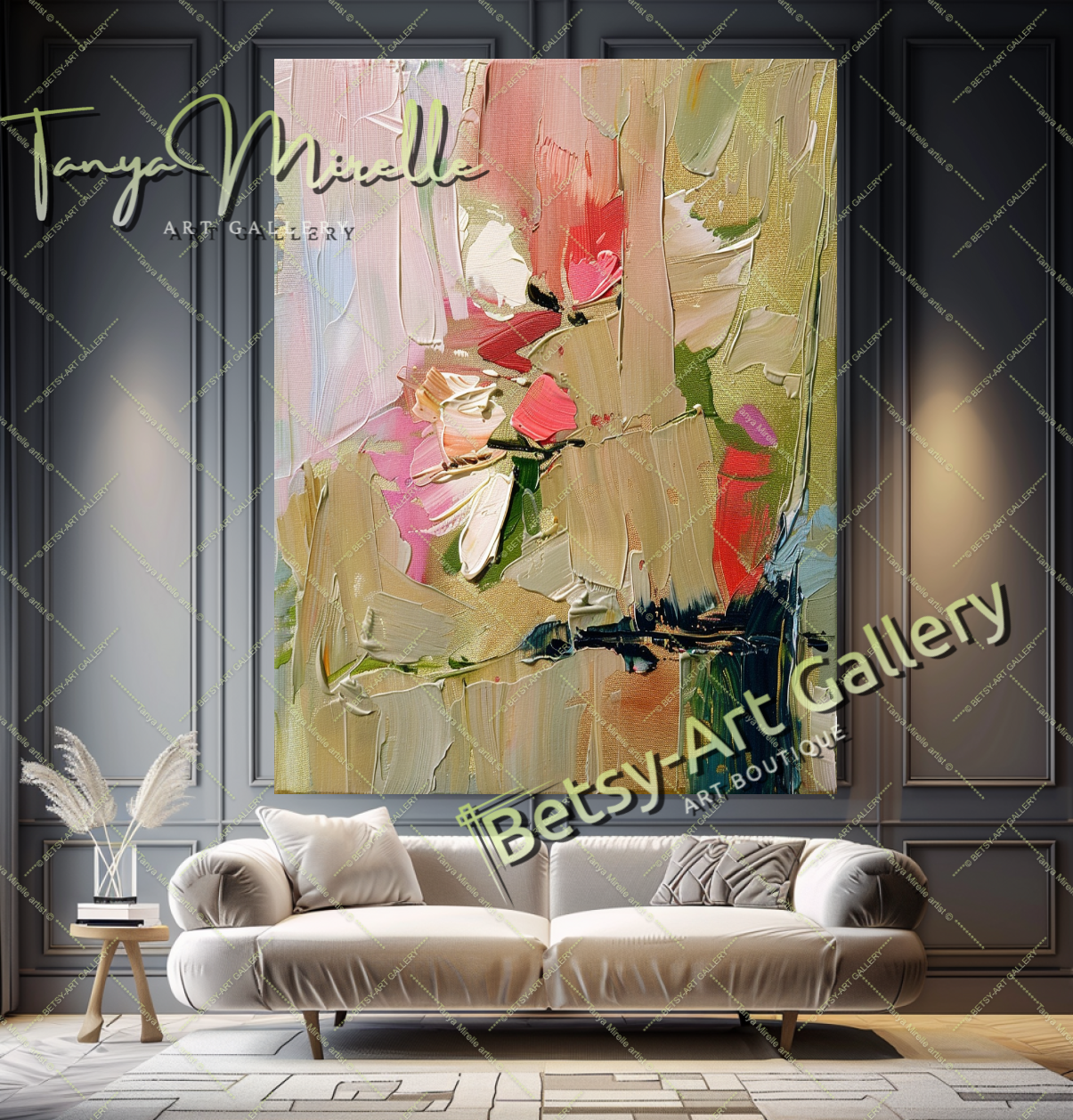 Pink and Green Floral Abstract Oil Painting on Canvas #173