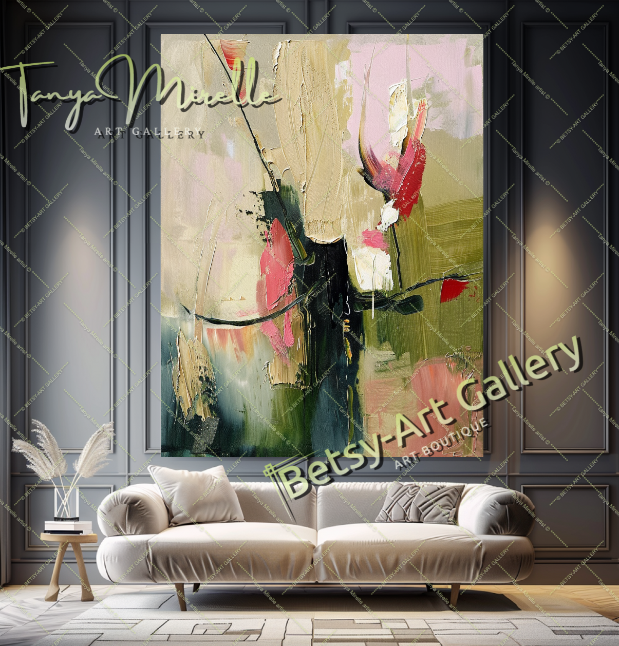 Pink and Green Floral Abstract Oil Painting on Canvas #173