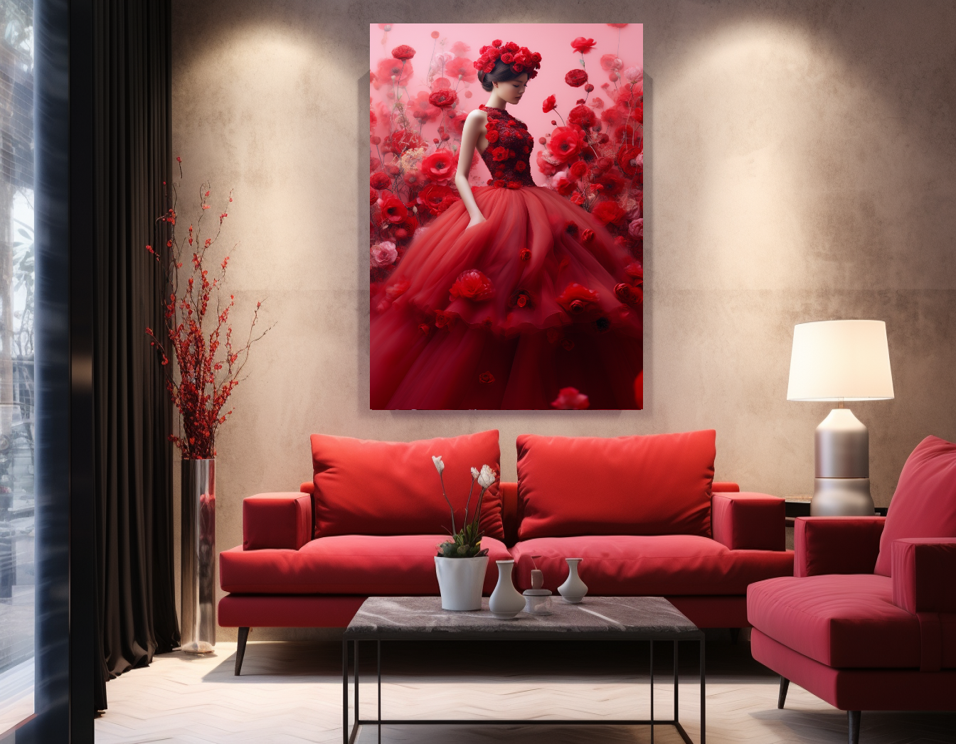 Modern Fashion Art Print on Canvas, Perfume Woman, Lady in Red, Floral Woman Art
