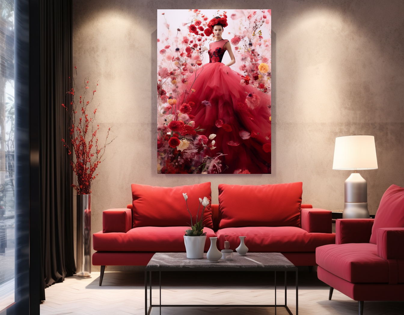 Modern Fashion Art Print on Canvas, Perfume Woman, Lady in Red, Floral Woman Art