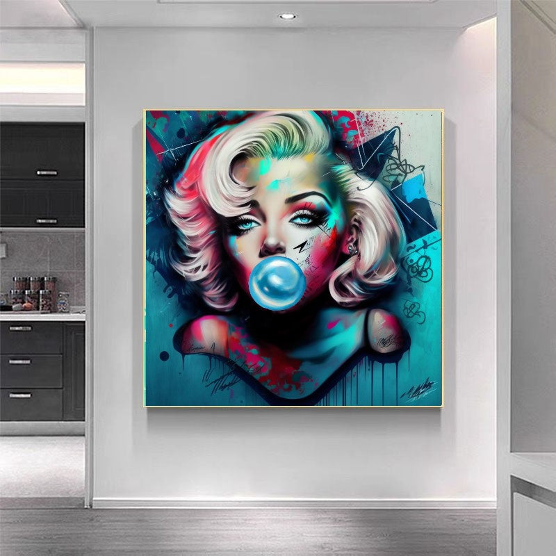 Stretched Printed Canvas / Marilyn Monroe with Pink booble gum / Unique Wall Art Print