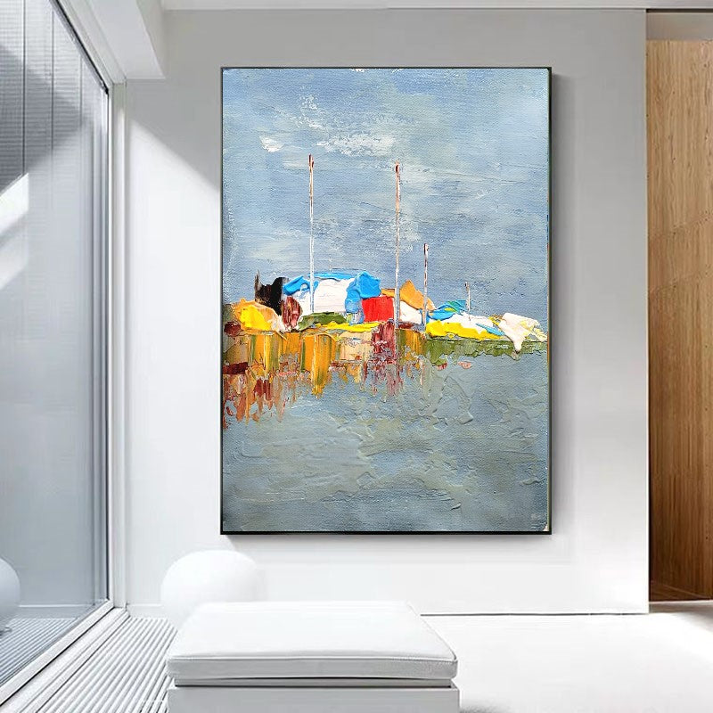 Moden Abstract Landscape Art, Seashore Impasto Oil Painting on Canvas for Living room