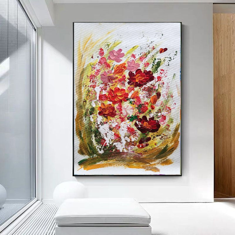 Blossoming Serenity - Modern Abstract Floral Impasto Oil Painting on Canvas, Living Room Art Decor