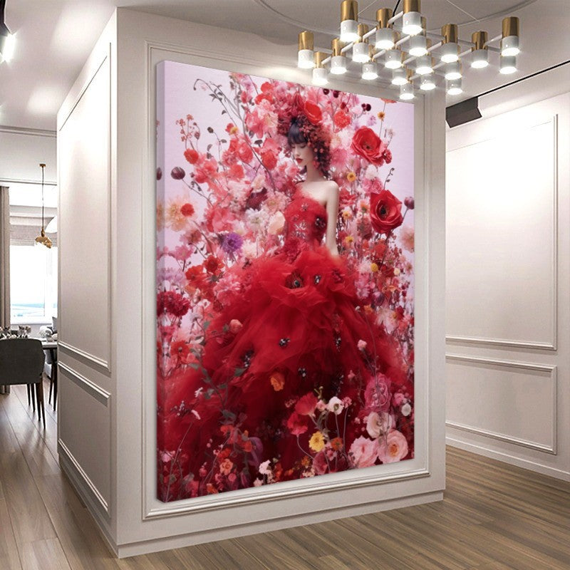 Modern Fashion Art Print on Canvas, Perfume Woman, Lady in Red, Floral Woman Art