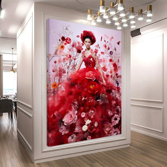 Modern Fashion Art Print on Canvas, Perfume Woman, Lady in Red, Floral Woman Art A