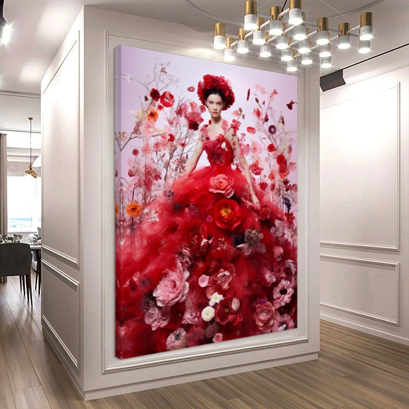 Modern Fashion Art Print on Canvas, Perfume Woman, Lady in Red, Floral Woman Art – Large – Oil on Canvas – {{ product.title }} canvas artwork by Tanya Mirelle – modern wall decor – original artwork for home, living room, office, or gallery – original artwork by BETSY-ART GALLERY