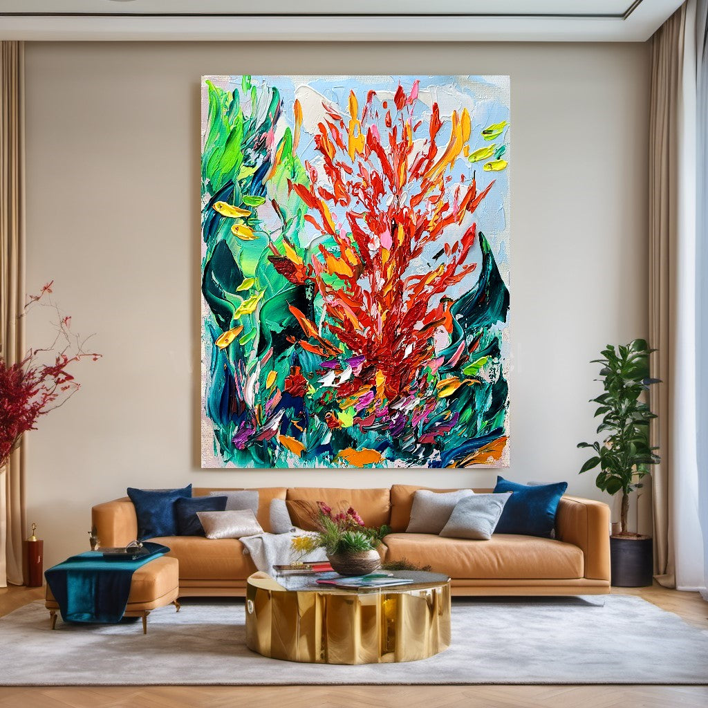 Modern Abstract Painting for Living room, Underwater World, Red Corall Art, Impasto Oil Painting on Canvas