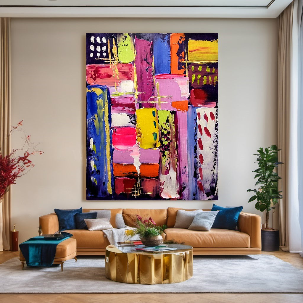 Vibrant Modern Abstract Art for Living room, Geometric Impasto Oil Painting on Canvas, Colorful Handmade Art for sale