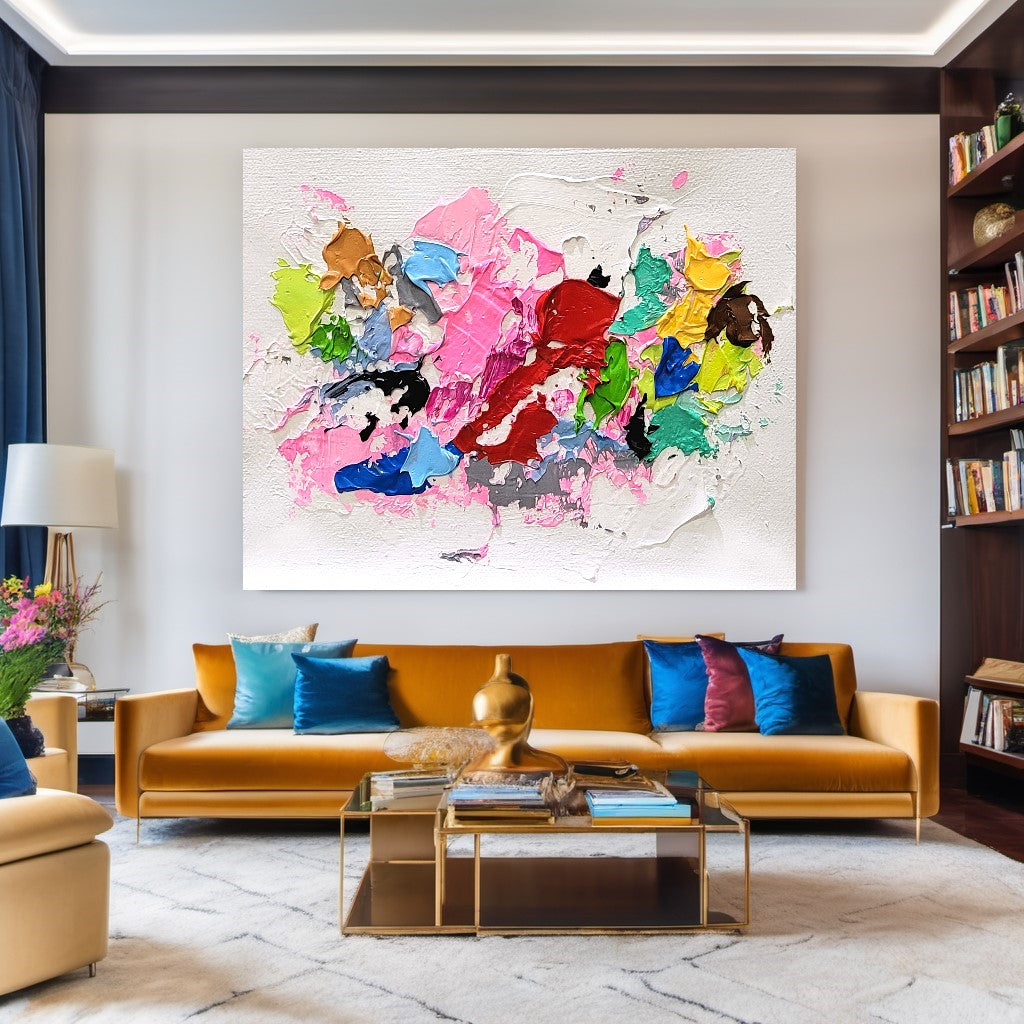 Pink Rainbow, Modern Abstract Impasto Oil Painting on Canvas