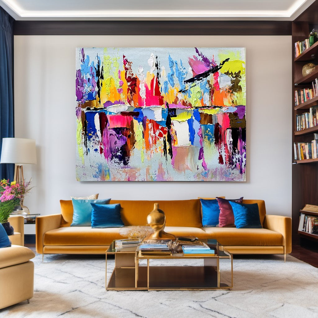 Colorful Modern Abstract Wall Art for Living room, Impasto Oil Painting on Canvas