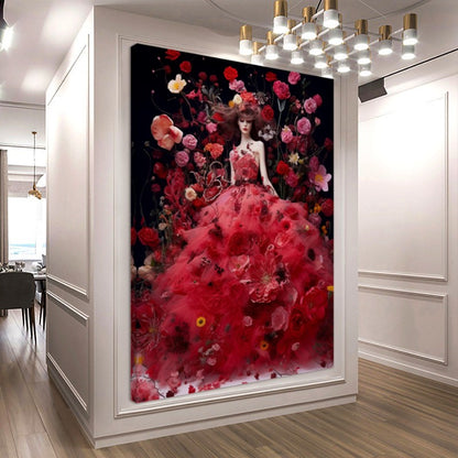 Modern Fashion Art Print on Canvas, Perfume Woman, Lady in Red, Floral Woman Art