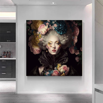 Marie Antoinette Floral Elegance - Renaissance-Inspired Canvas Print E