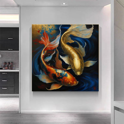 Majestic Two Gold Koi Fish Yin Yang - Elegant Canvas Art Print A