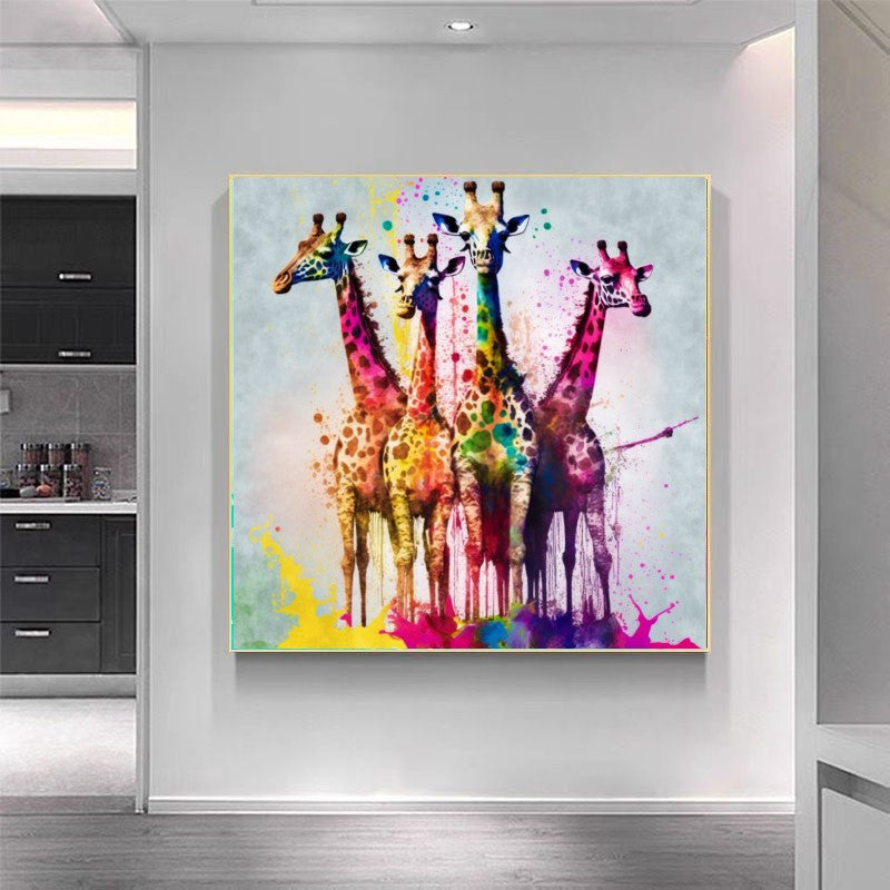 Colorful Giraffes Family, Creative Art Work, Modern Vivid Animal Art